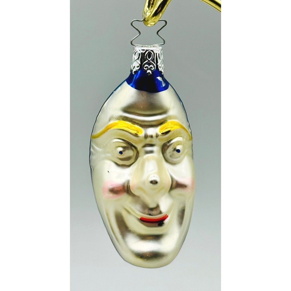 West Germany Glass Man in the Moon Ornament Blue Silver Glitter Star Vintage